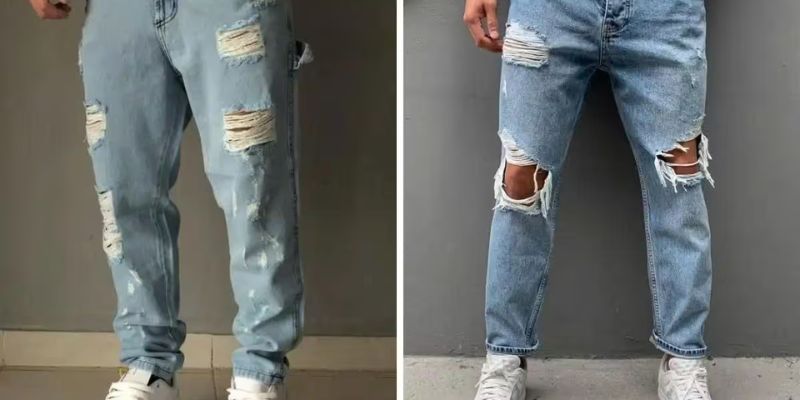 Quần jean nam rách và áo thun chuẩn phong cách đường phố.